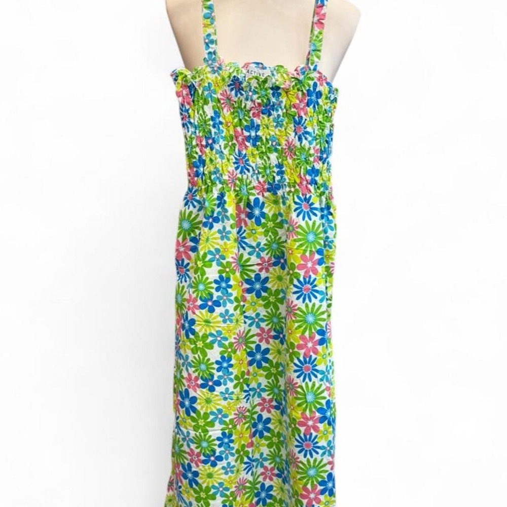 ACTIVE Bright Floral Smocked Bodice Sundress Midi Sleeveless Size XS